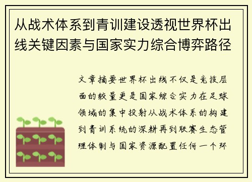 从战术体系到青训建设透视世界杯出线关键因素与国家实力综合博弈路径 从战术体系到青训建设透视世界杯出线关键因素与国家实力综合博弈路径