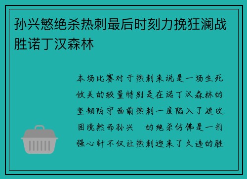 孙兴慜绝杀热刺最后时刻力挽狂澜战胜诺丁汉森林 孙兴慜绝杀热刺最后时刻力挽狂澜战胜诺丁汉森林